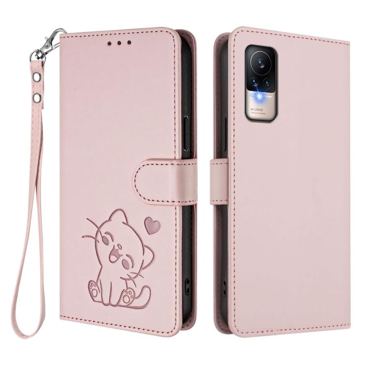 For Xiaomi Civi 1S Embossed Heart Cat Leather Phone Case with Hand Strap