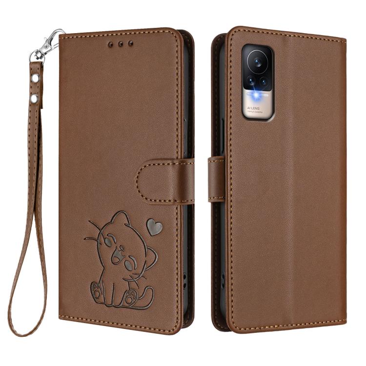 For Xiaomi Civi 1S Embossed Heart Cat Leather Phone Case with Hand Strap