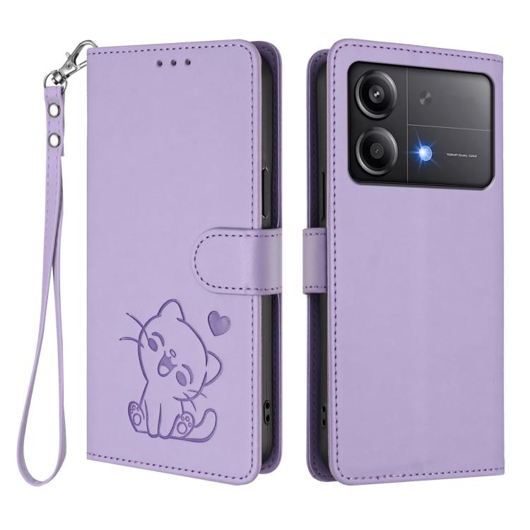 For Xiaomi Poco X6 Neo 5G Embossed Heart Cat Leather Phone Case with Hand Strap