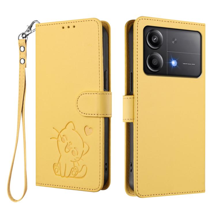 For Xiaomi Poco X6 Neo 5G Embossed Heart Cat Leather Phone Case with Hand Strap