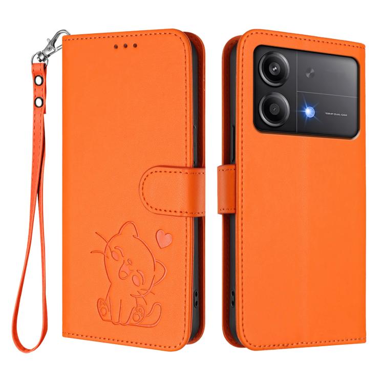 For Xiaomi Poco X6 Neo 5G Embossed Heart Cat Leather Phone Case with Hand Strap