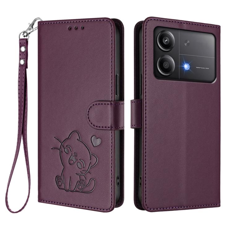 For Xiaomi Poco X6 Neo 5G Embossed Heart Cat Leather Phone Case with Hand Strap