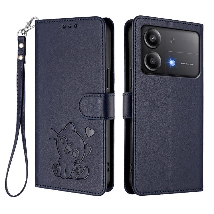 For Xiaomi Poco X6 Neo 5G Embossed Heart Cat Leather Phone Case with Hand Strap