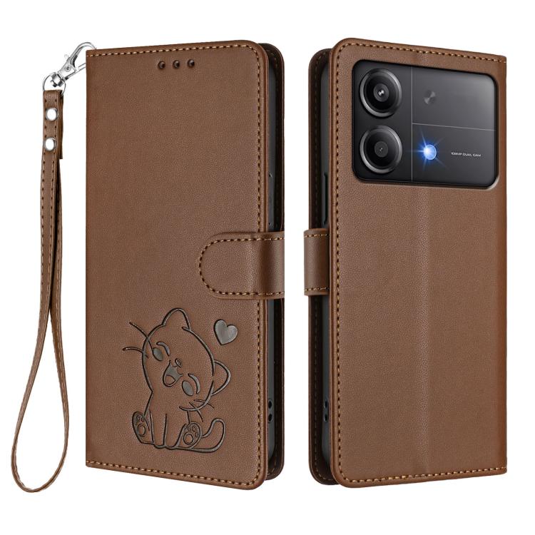For Xiaomi Poco X6 Neo 5G Embossed Heart Cat Leather Phone Case with Hand Strap