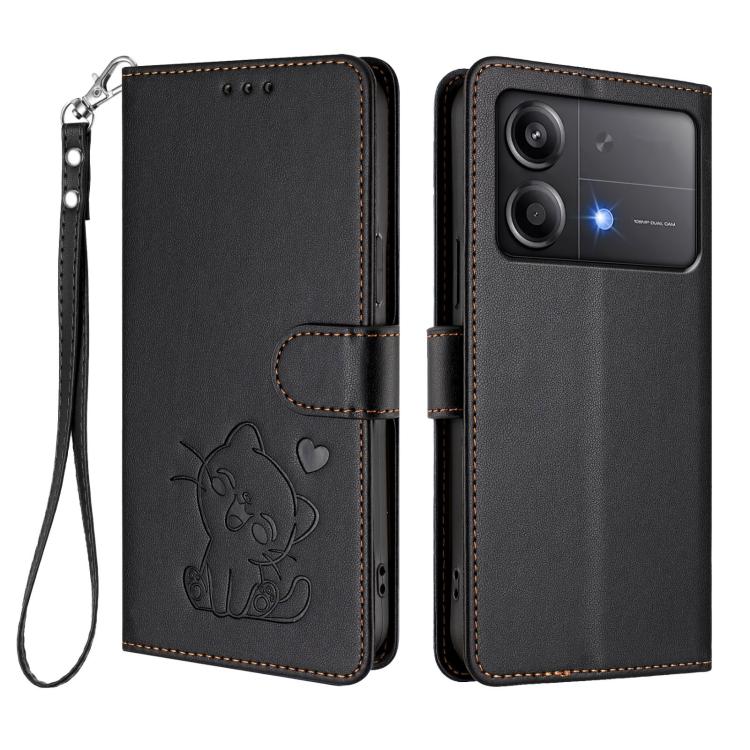 For Xiaomi Poco X6 Neo 5G Embossed Heart Cat Leather Phone Case with Hand Strap