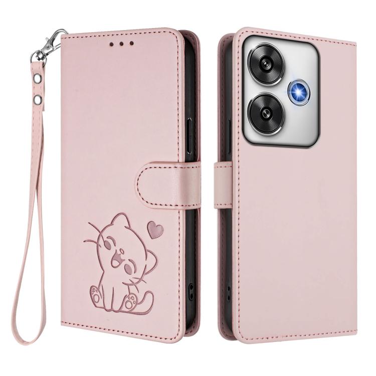 For Xiaomi Poco F6 5G Embossed Heart Cat Leather Phone Case with Hand Strap
