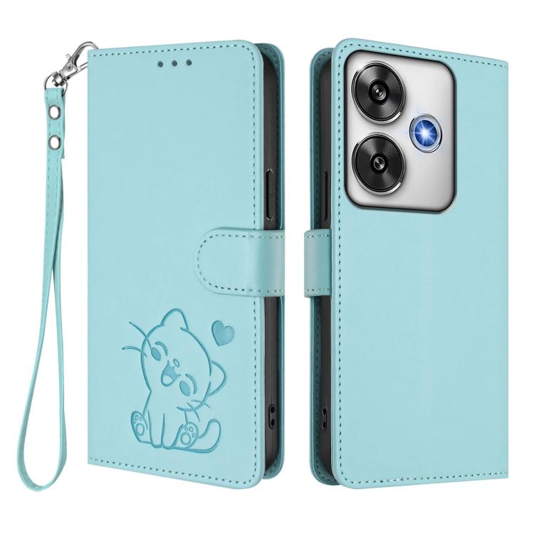 For Xiaomi Poco F6 5G Embossed Heart Cat Leather Phone Case with Hand Strap
