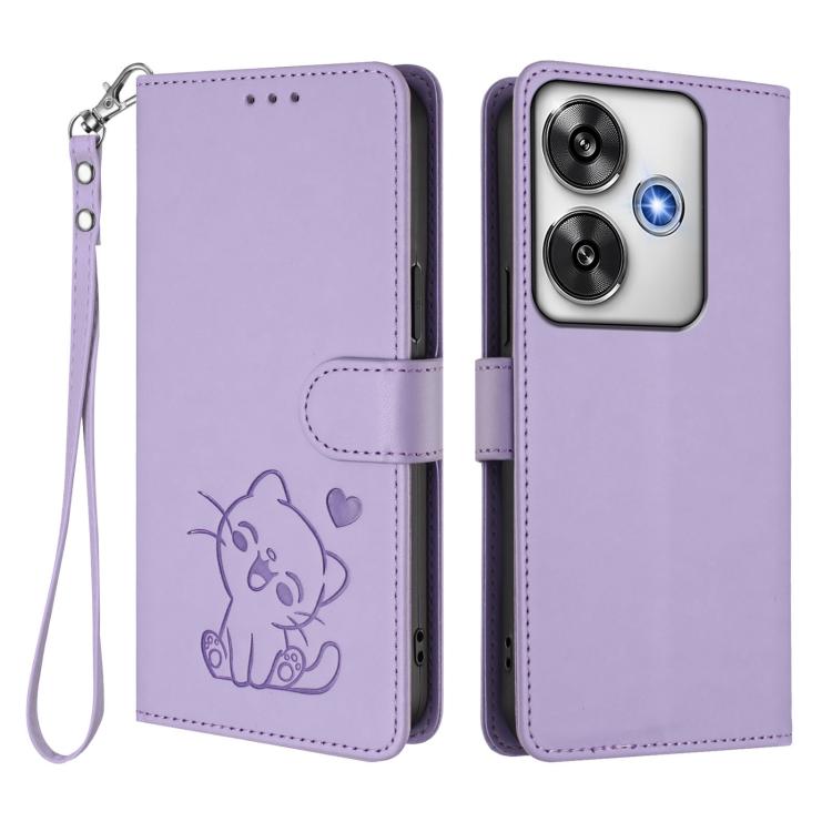 For Xiaomi Poco F6 5G Embossed Heart Cat Leather Phone Case with Hand Strap