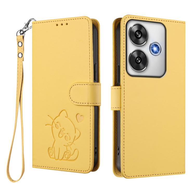 For Xiaomi Poco F6 5G Embossed Heart Cat Leather Phone Case with Hand Strap
