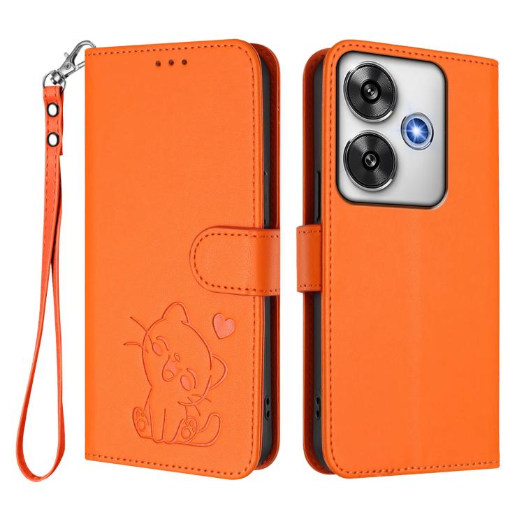 For Xiaomi Poco F6 5G Embossed Heart Cat Leather Phone Case with Hand Strap