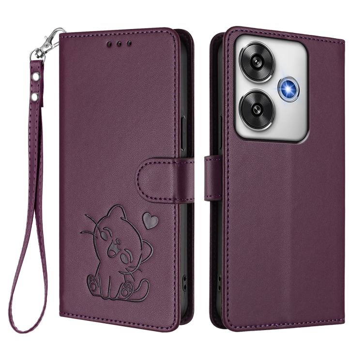For Xiaomi Poco F6 5G Embossed Heart Cat Leather Phone Case with Hand Strap