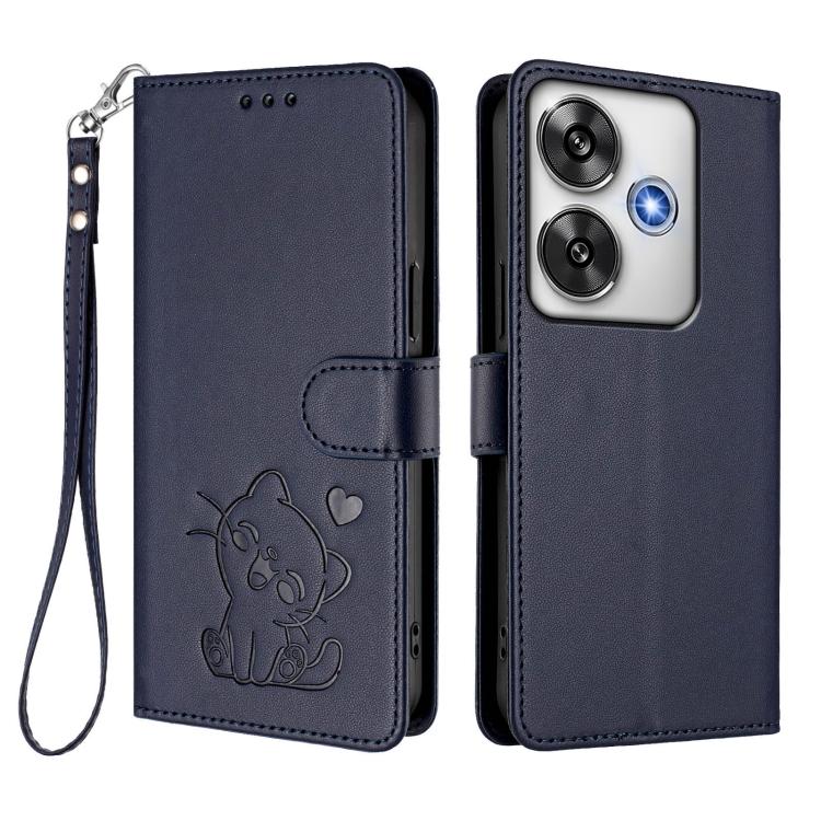For Xiaomi Poco F6 5G Embossed Heart Cat Leather Phone Case with Hand Strap