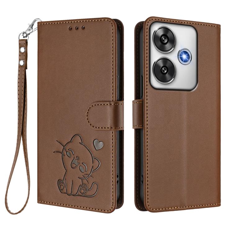 For Xiaomi Poco F6 5G Embossed Heart Cat Leather Phone Case with Hand Strap