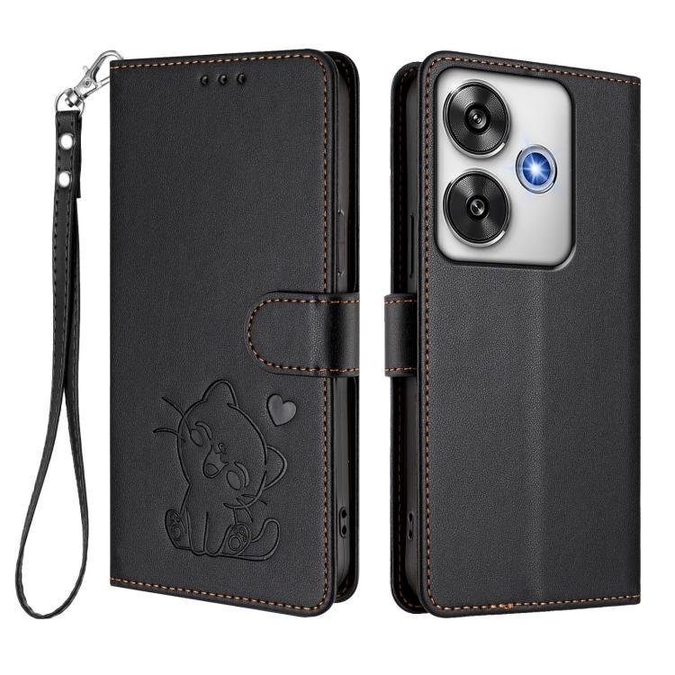 For Xiaomi Poco F6 5G Embossed Heart Cat Leather Phone Case with Hand Strap