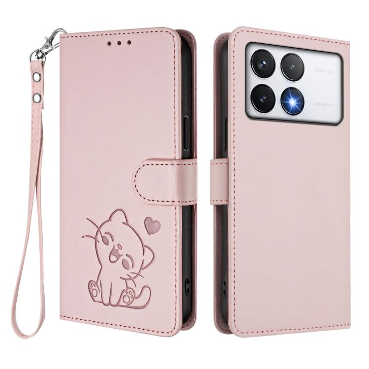 For Xiaomi Poco F6 Pro 5G Embossed Heart Cat Leather Phone Case with Hand Strap