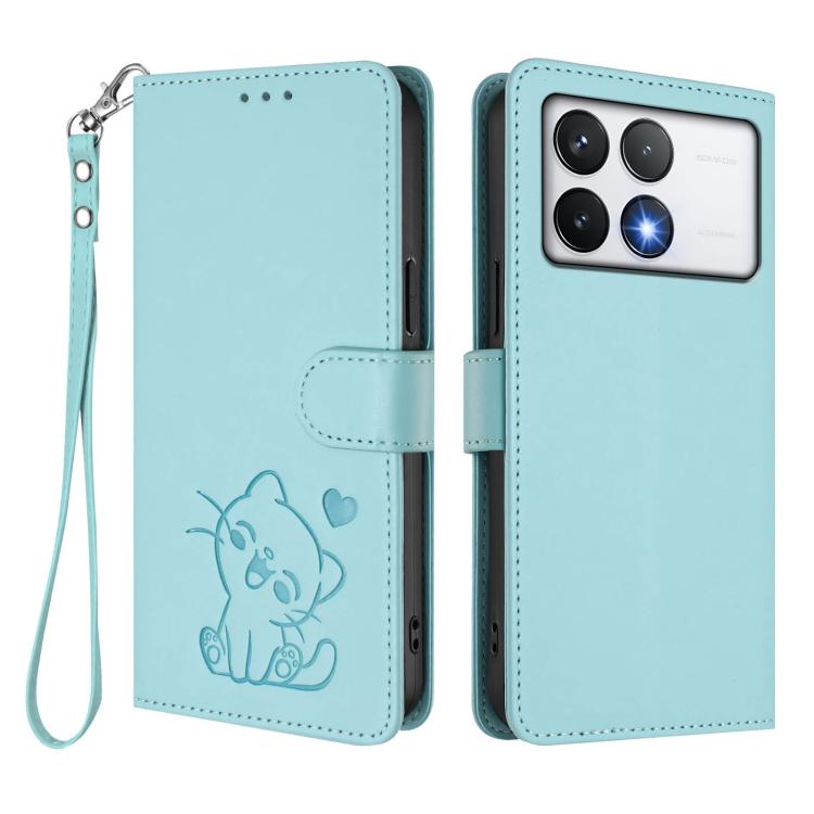 For Xiaomi Poco F6 Pro 5G Embossed Heart Cat Leather Phone Case with Hand Strap