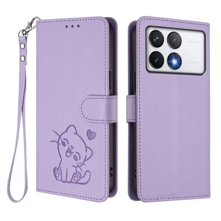 For Xiaomi Poco F6 Pro 5G Embossed Heart Cat Leather Phone Case with Hand Strap