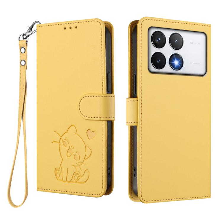 For Xiaomi Poco F6 Pro 5G Embossed Heart Cat Leather Phone Case with Hand Strap
