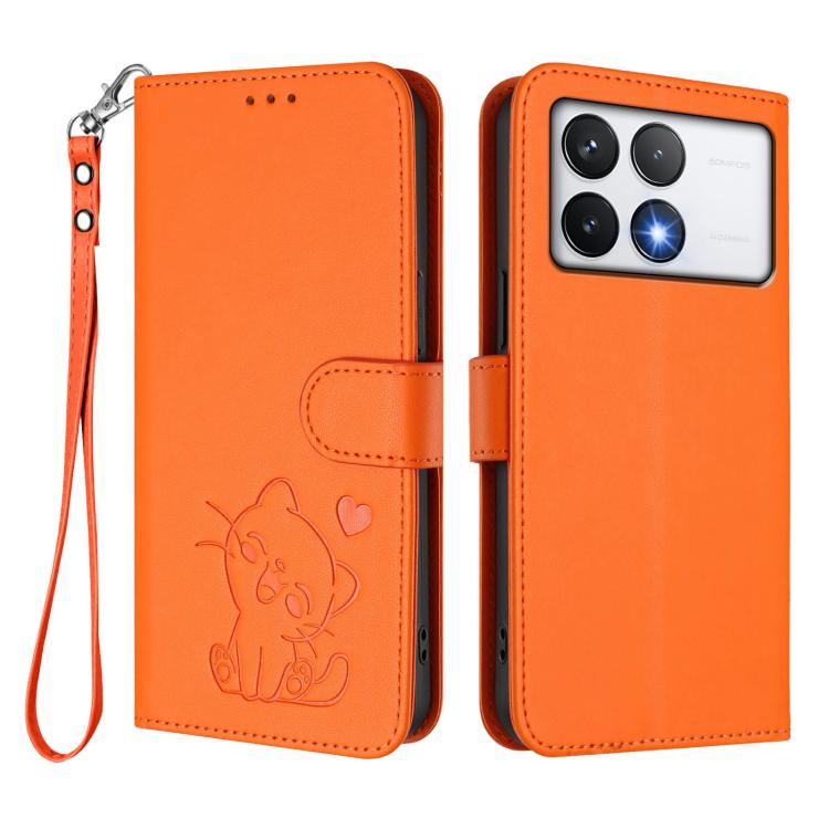 For Xiaomi Poco F6 Pro 5G Embossed Heart Cat Leather Phone Case with Hand Strap