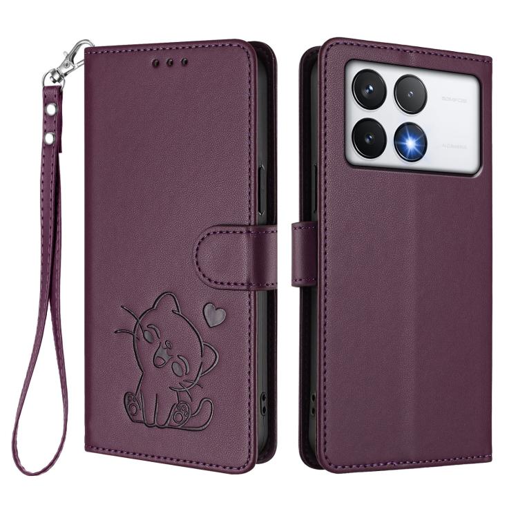 For Xiaomi Poco F6 Pro 5G Embossed Heart Cat Leather Phone Case with Hand Strap