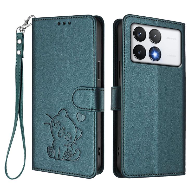 For Xiaomi Poco F6 Pro 5G Embossed Heart Cat Leather Phone Case with Hand Strap