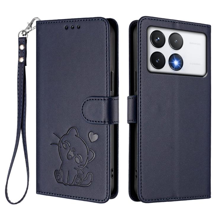 For Xiaomi Poco F6 Pro 5G Embossed Heart Cat Leather Phone Case with Hand Strap