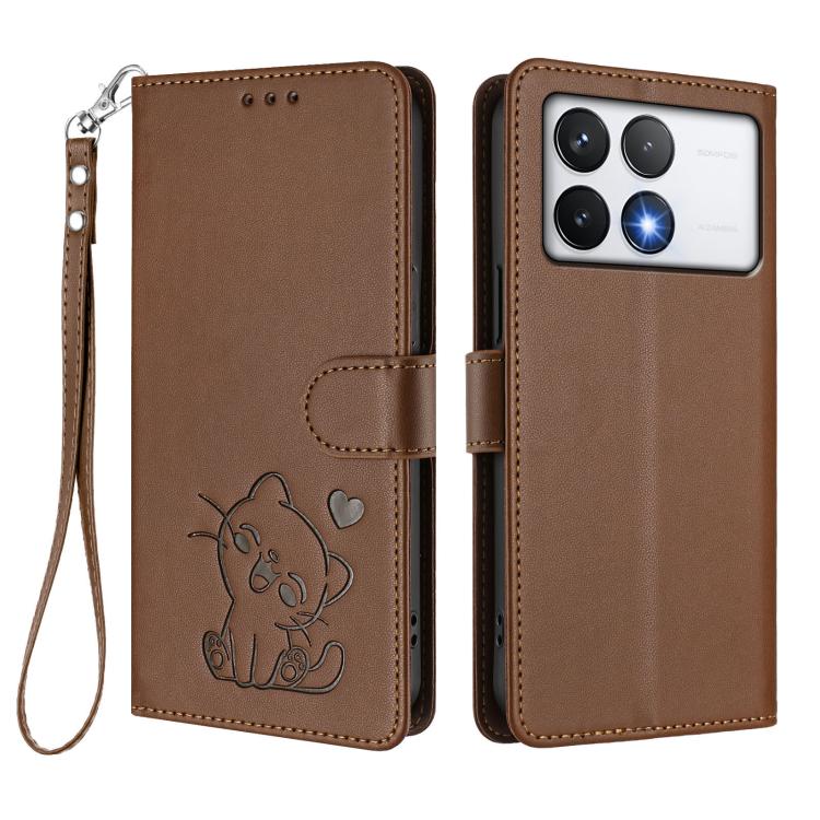 For Xiaomi Poco F6 Pro 5G Embossed Heart Cat Leather Phone Case with Hand Strap