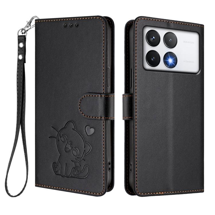 For Xiaomi Poco F6 Pro 5G Embossed Heart Cat Leather Phone Case with Hand Strap