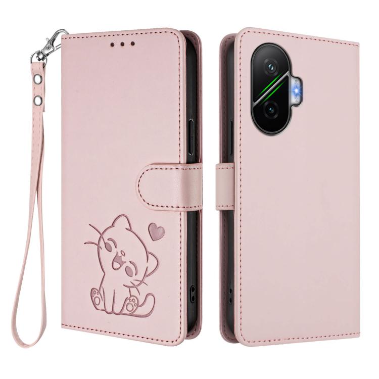 For Xiaomi Poco F7 5G / Redmi Turbo 4 Pro 5G Embossed Heart Cat Leather Phone Case with Hand Strap