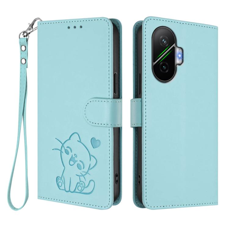 For Xiaomi Poco F7 5G / Redmi Turbo 4 Pro 5G Embossed Heart Cat Leather Phone Case with Hand Strap