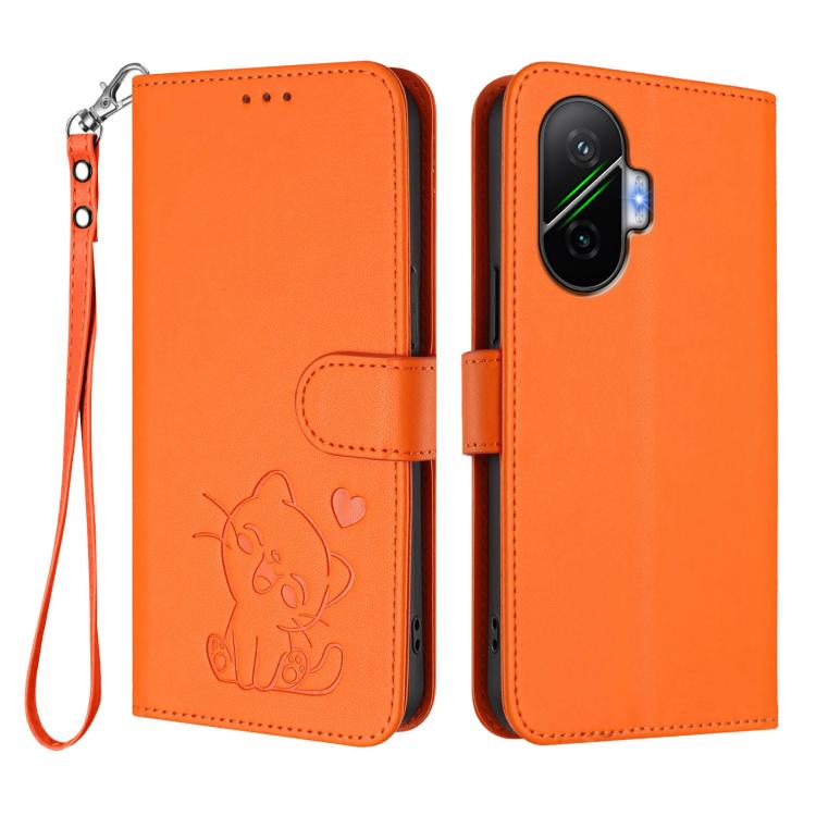 For Xiaomi Poco F7 5G / Redmi Turbo 4 Pro 5G Embossed Heart Cat Leather Phone Case with Hand Strap