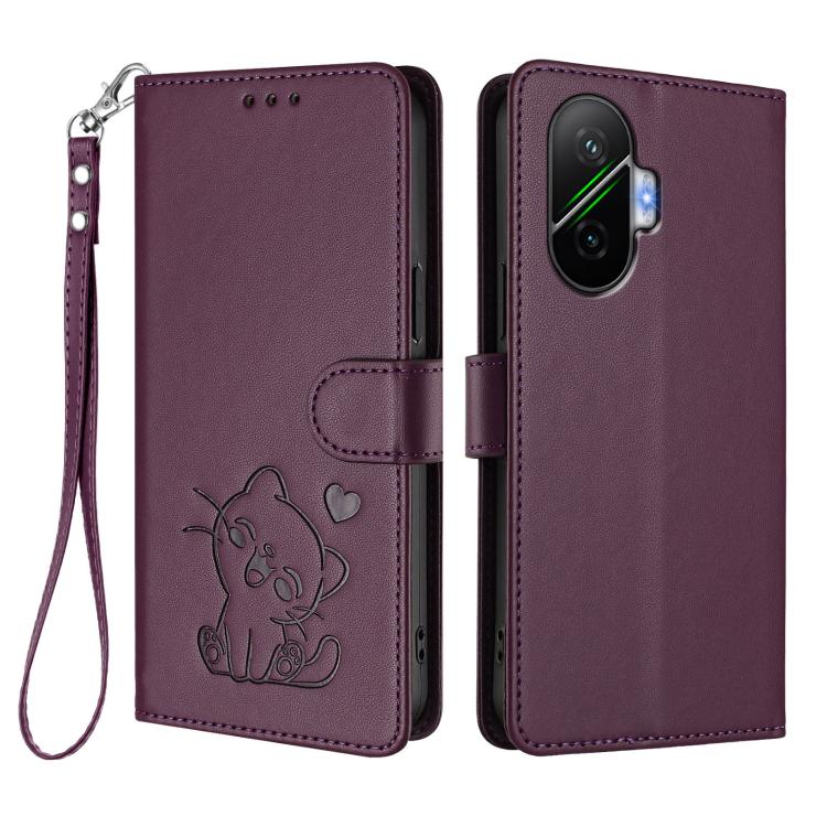 For Xiaomi Poco F7 5G / Redmi Turbo 4 Pro 5G Embossed Heart Cat Leather Phone Case with Hand Strap