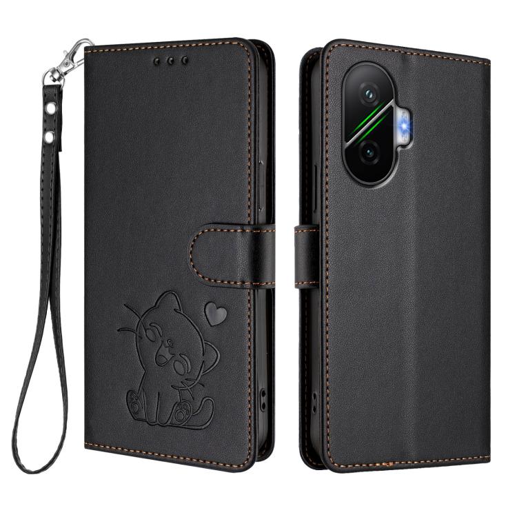 For Xiaomi Poco F7 5G / Redmi Turbo 4 Pro 5G Embossed Heart Cat Leather Phone Case with Hand Strap