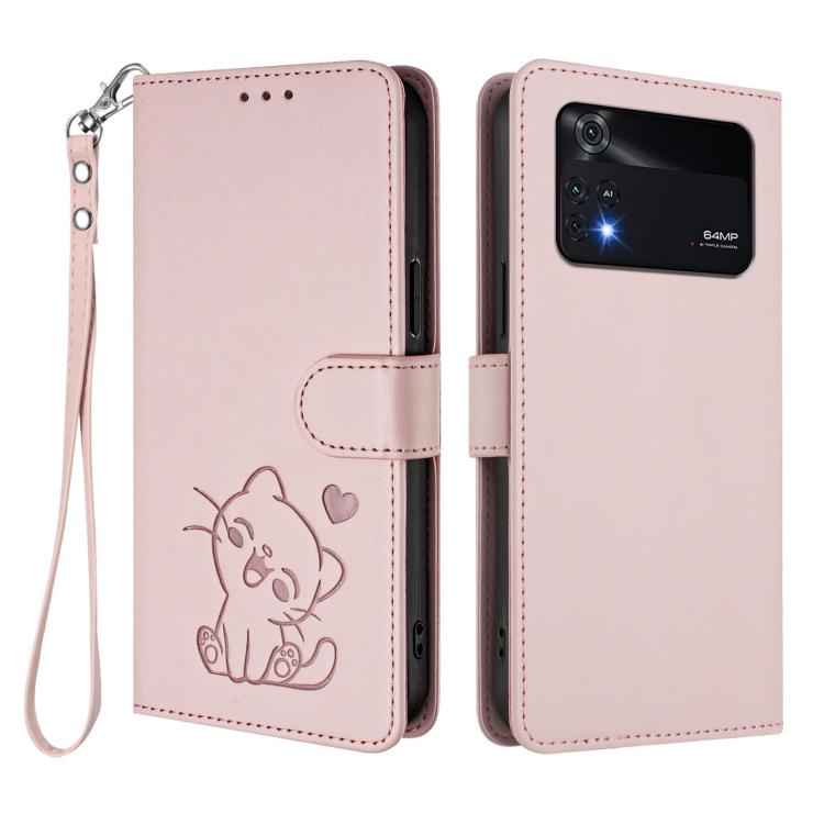 For Xiaomi Poco M4 Pro 4G Embossed Heart Cat Leather Phone Case with Hand Strap