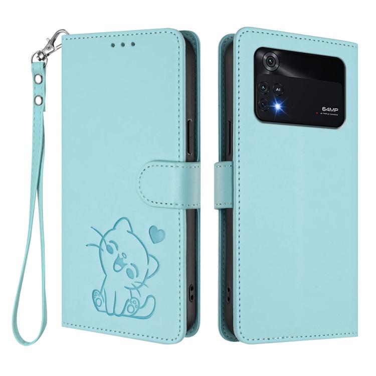 For Xiaomi Poco M4 Pro 4G Embossed Heart Cat Leather Phone Case with Hand Strap