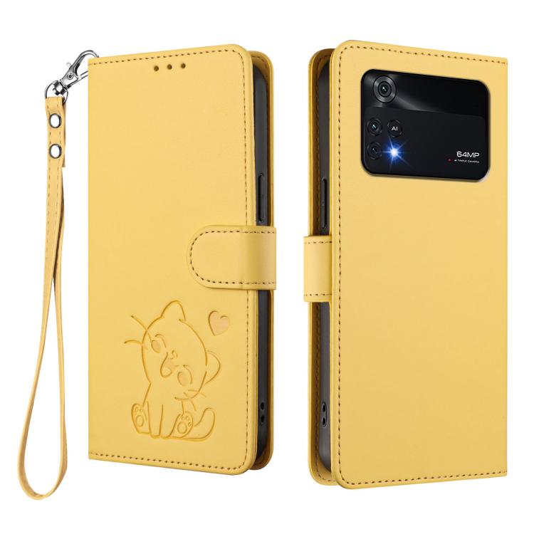 For Xiaomi Poco M4 Pro 4G Embossed Heart Cat Leather Phone Case with Hand Strap