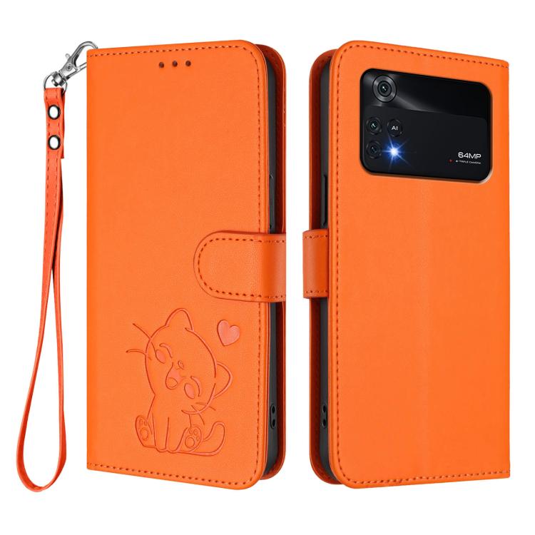 For Xiaomi Poco M4 Pro 4G Embossed Heart Cat Leather Phone Case with Hand Strap