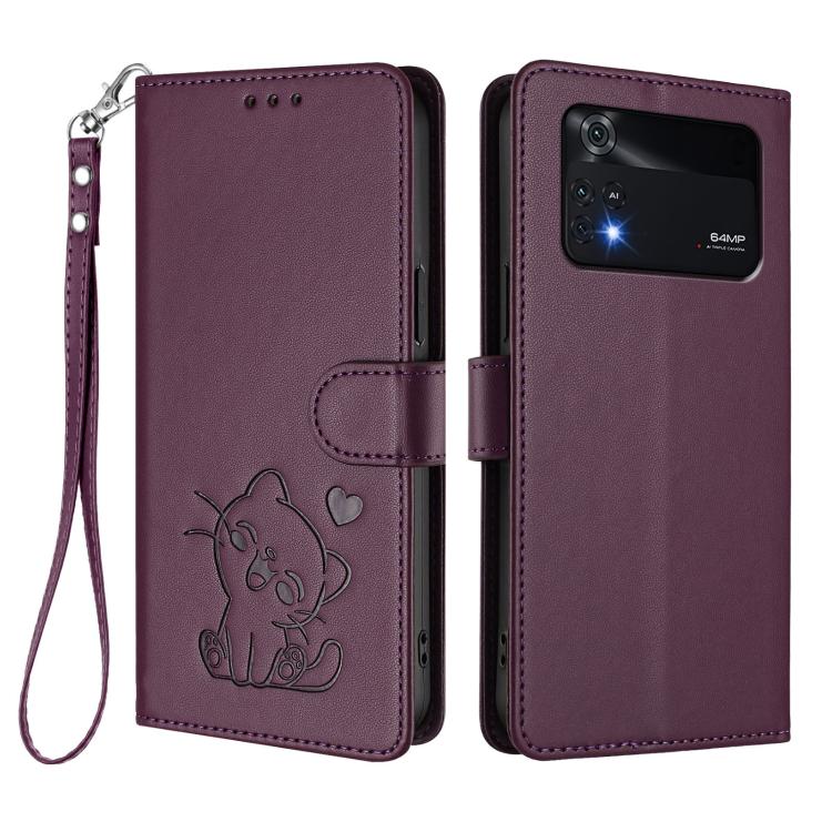 For Xiaomi Poco M4 Pro 4G Embossed Heart Cat Leather Phone Case with Hand Strap