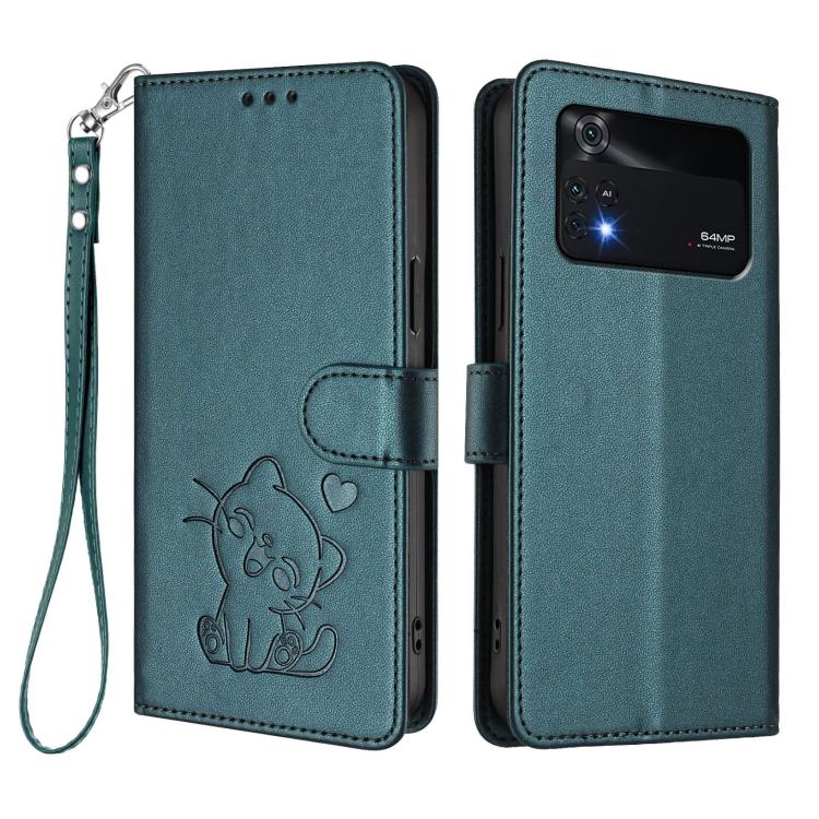 For Xiaomi Poco M4 Pro 4G Embossed Heart Cat Leather Phone Case with Hand Strap