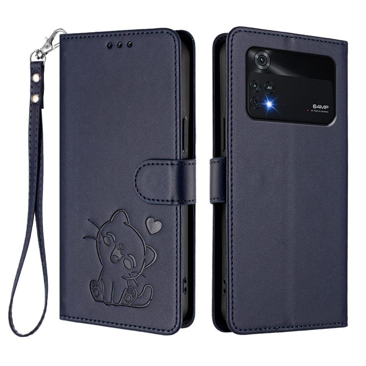 For Xiaomi Poco M4 Pro 4G Embossed Heart Cat Leather Phone Case with Hand Strap