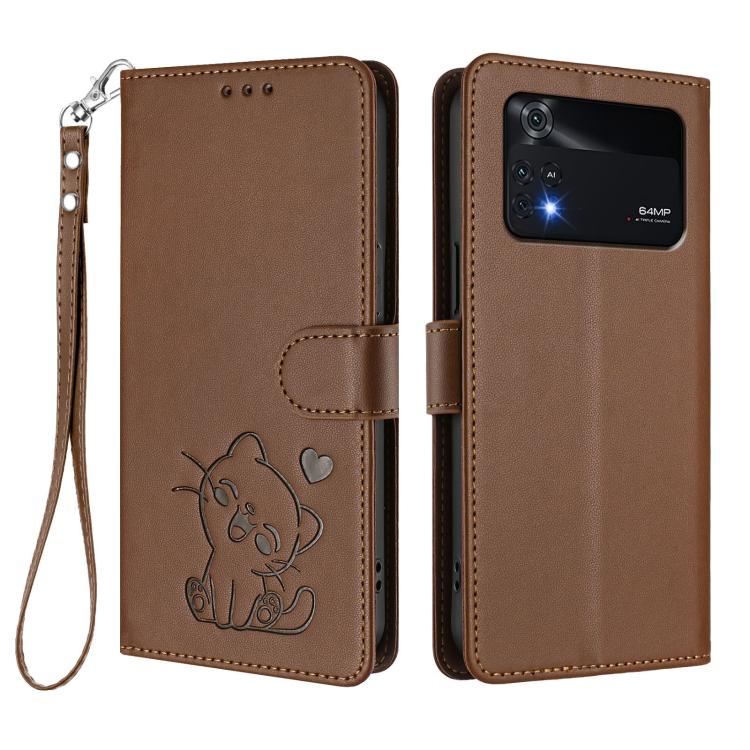 For Xiaomi Poco M4 Pro 4G Embossed Heart Cat Leather Phone Case with Hand Strap