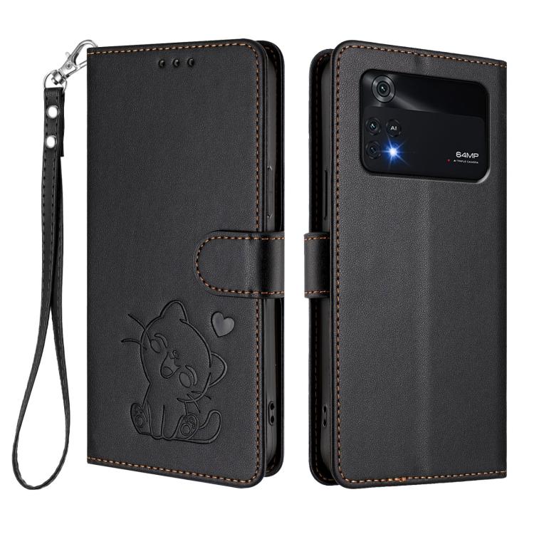 For Xiaomi Poco M4 Pro 4G Embossed Heart Cat Leather Phone Case with Hand Strap