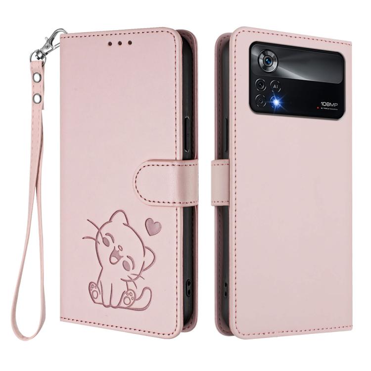 For Xiaomi Poco X4 Pro 5G Embossed Heart Cat Leather Phone Case with Hand Strap
