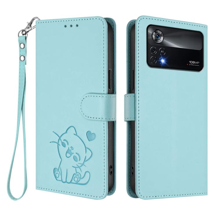 For Xiaomi Poco X4 Pro 5G Embossed Heart Cat Leather Phone Case with Hand Strap