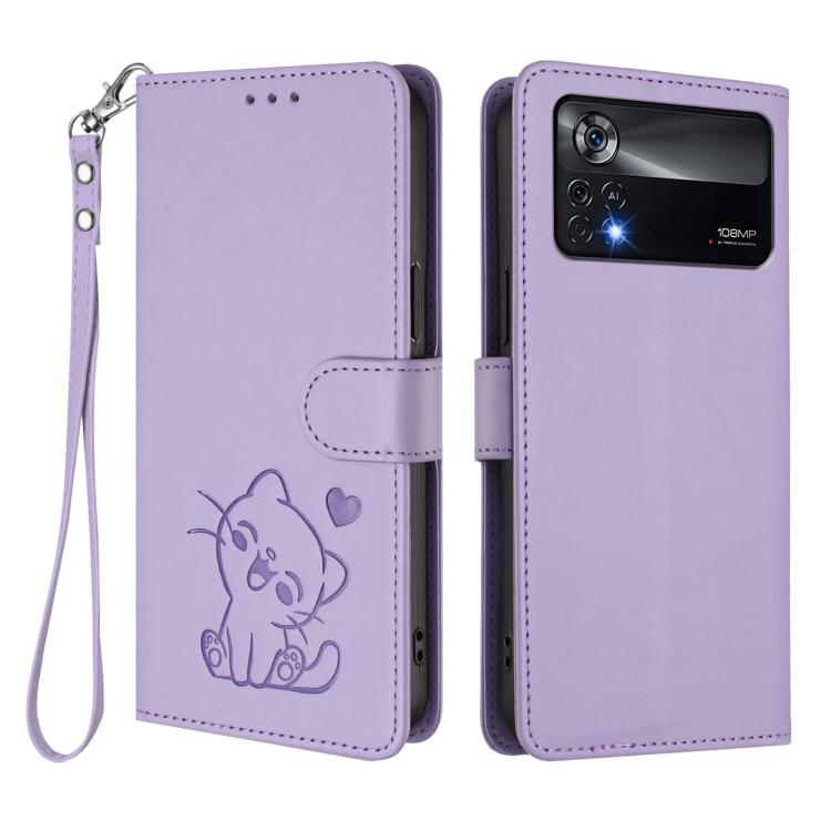 For Xiaomi Poco X4 Pro 5G Embossed Heart Cat Leather Phone Case with Hand Strap