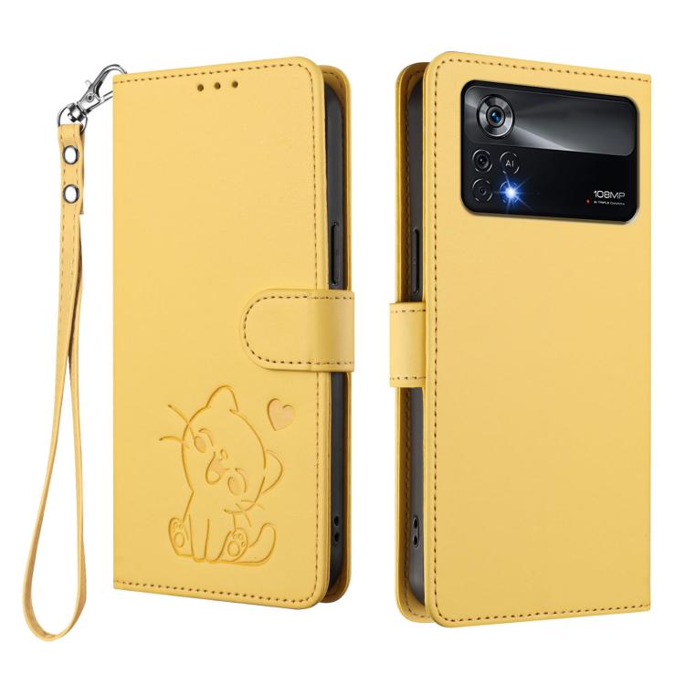 For Xiaomi Poco X4 Pro 5G Embossed Heart Cat Leather Phone Case with Hand Strap