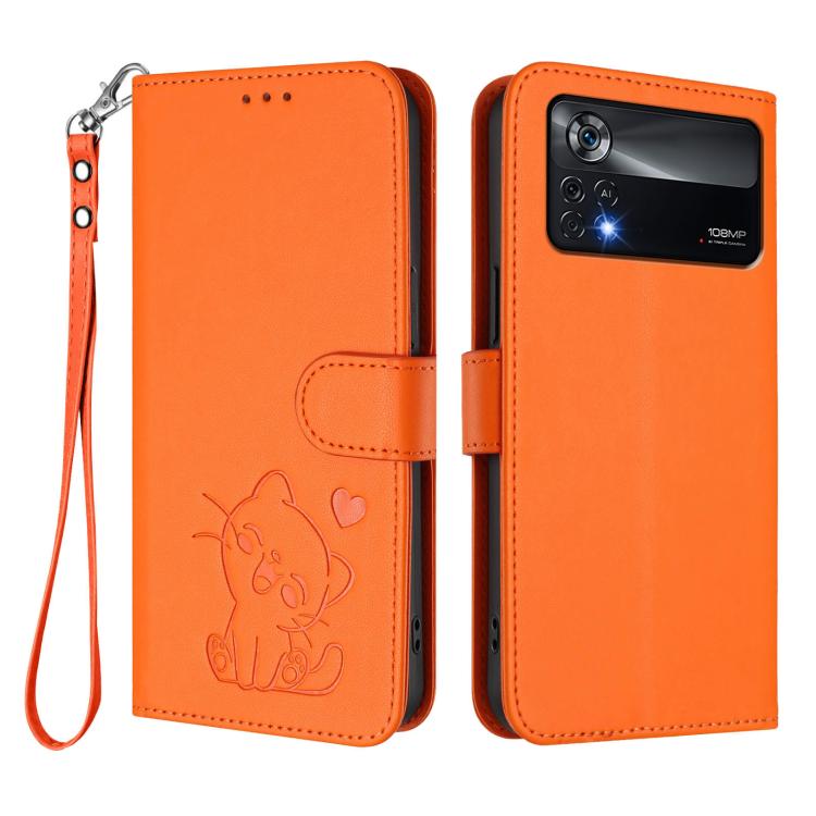 For Xiaomi Poco X4 Pro 5G Embossed Heart Cat Leather Phone Case with Hand Strap