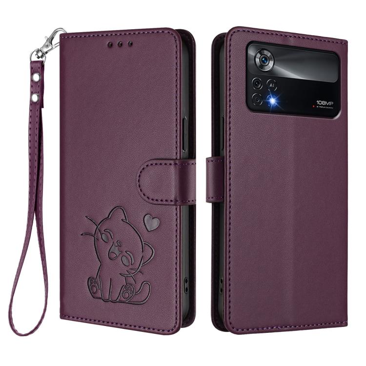 For Xiaomi Poco X4 Pro 5G Embossed Heart Cat Leather Phone Case with Hand Strap