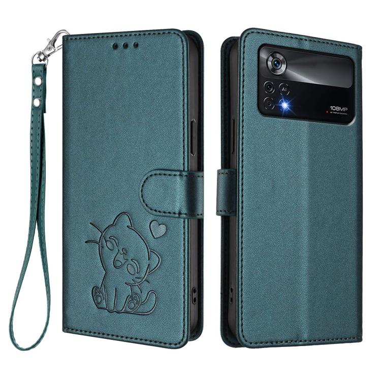 For Xiaomi Poco X4 Pro 5G Embossed Heart Cat Leather Phone Case with Hand Strap