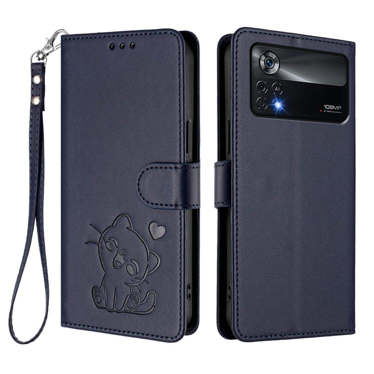 For Xiaomi Poco X4 Pro 5G Embossed Heart Cat Leather Phone Case with Hand Strap